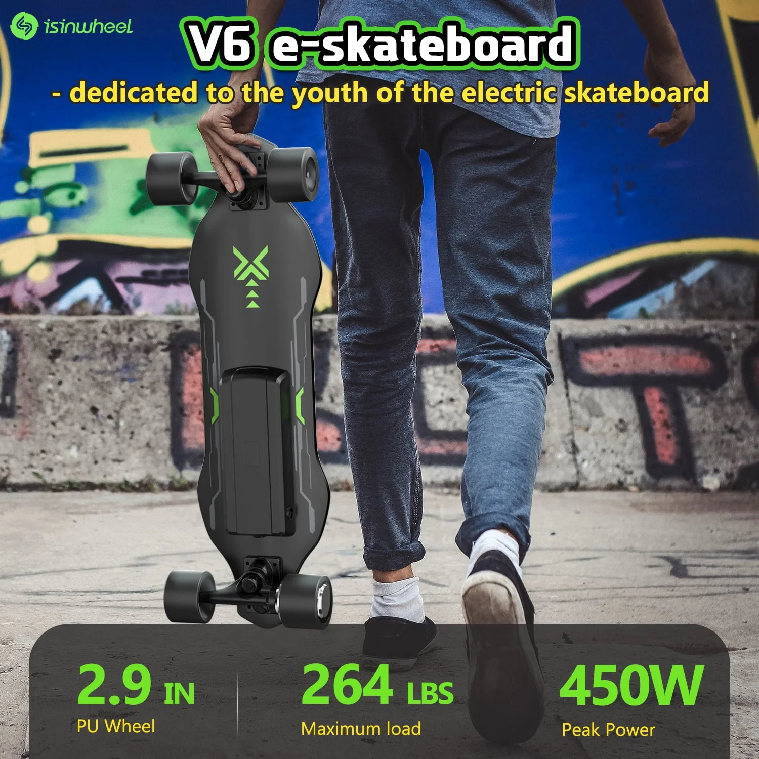 isinwheel V6 Electric Skateboard with Remote, 450W Brushless Motor, 12Mph Top Speed, Electric Longboard for Adults ＆Teens