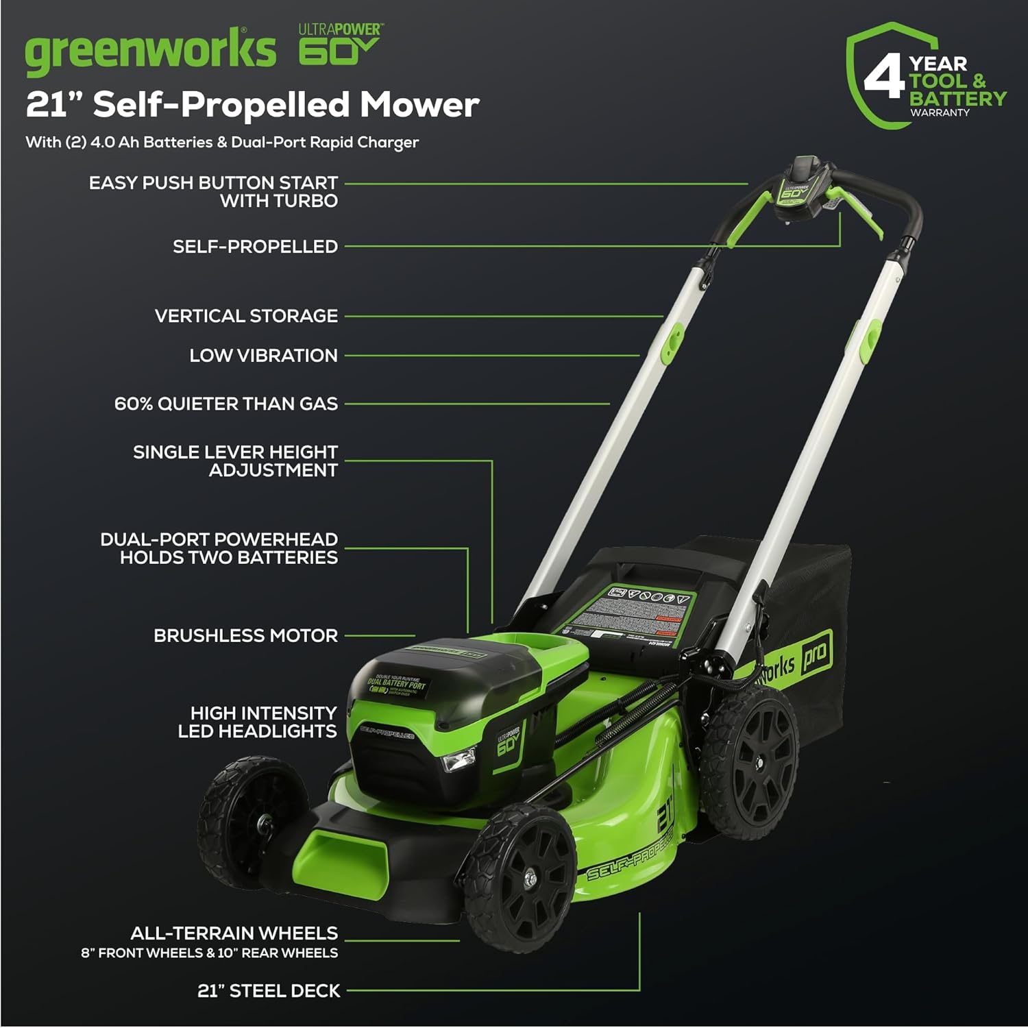 Greenworks 60V 21�?Cordless (Self-Propelled) Lawn Mower , 2 x 4.0Ah Batteries and Dual Port Rapid Charger