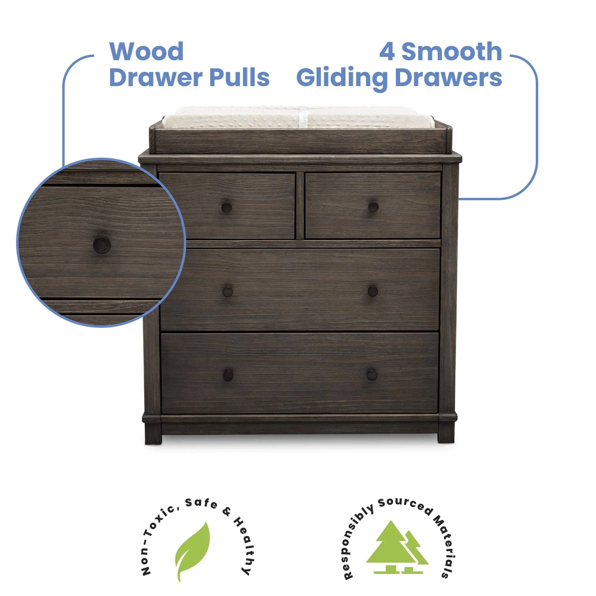 Simmons Kids Monterey 4-Drawer Dresser with Changing Top and Interlocking Drawers, Rustic Grey