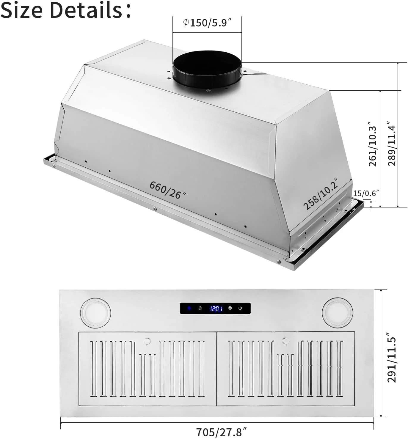 Zomagas 30 inch 600CFM Range Hood Insert Stainless Steel Kitchen Vent Hood Touch Control with LED Lights,Baffle Filters