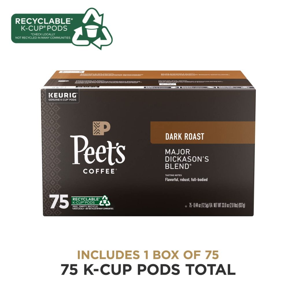 Peet’s Coffee Major Dickason’s Blend Dark Roast K-Cup Pods, 75 Count, Compatible with Keurig Brewers