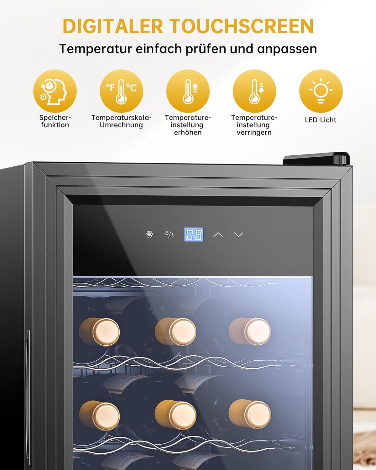 WIE Wine Fridge Compressor 53 Litres 18 Bottles Drinks Fridge Small Wine Cabinet Small Wine Fridge with Glass Door, Full Glass Design Door with LED Touch Panel, Anti-UV, Wine Fridge 5-18°C