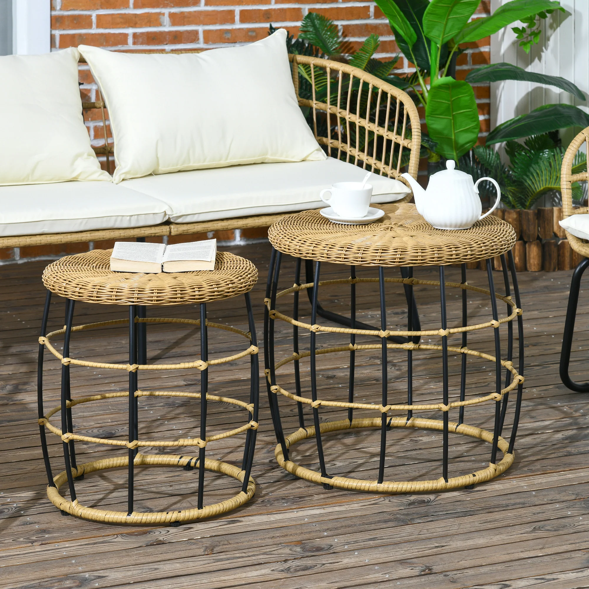 Outsunny Gartentisch 2er-Set stapelbar Outdoor Rattan