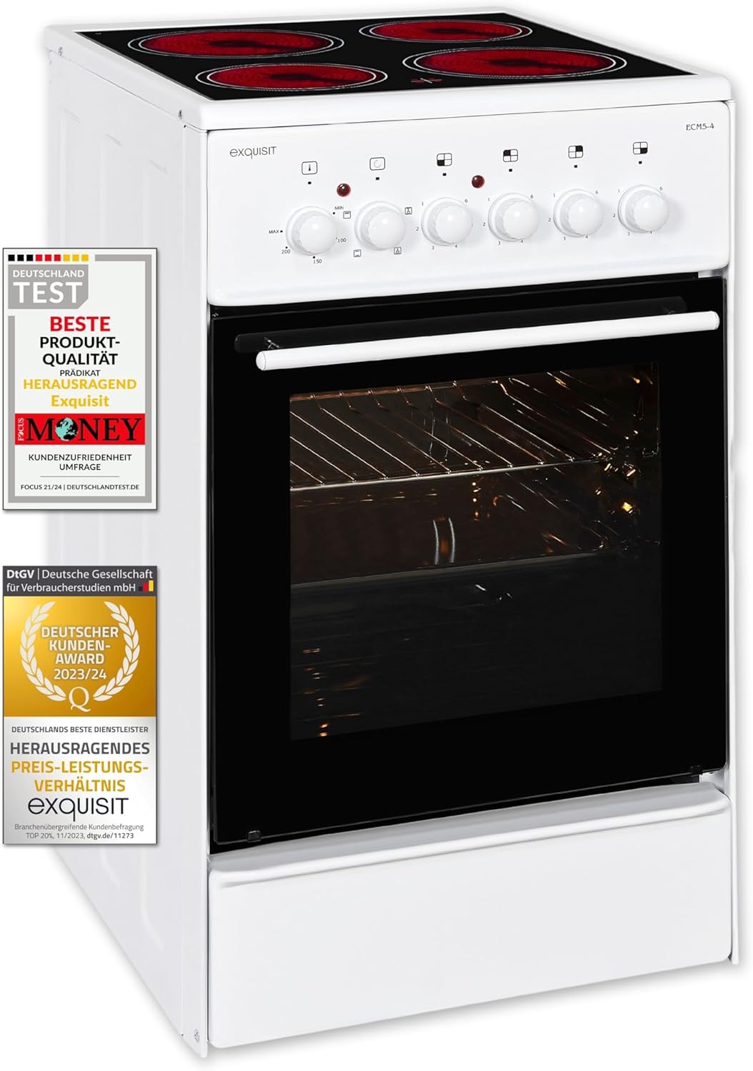 Exquisit Standherd, Standherd 50 cm Breite, Massekochfeld, einfach zu bedienen, 48 l Garraum, Elektro-Standherd 50 cm, EH9-3-090 weiss