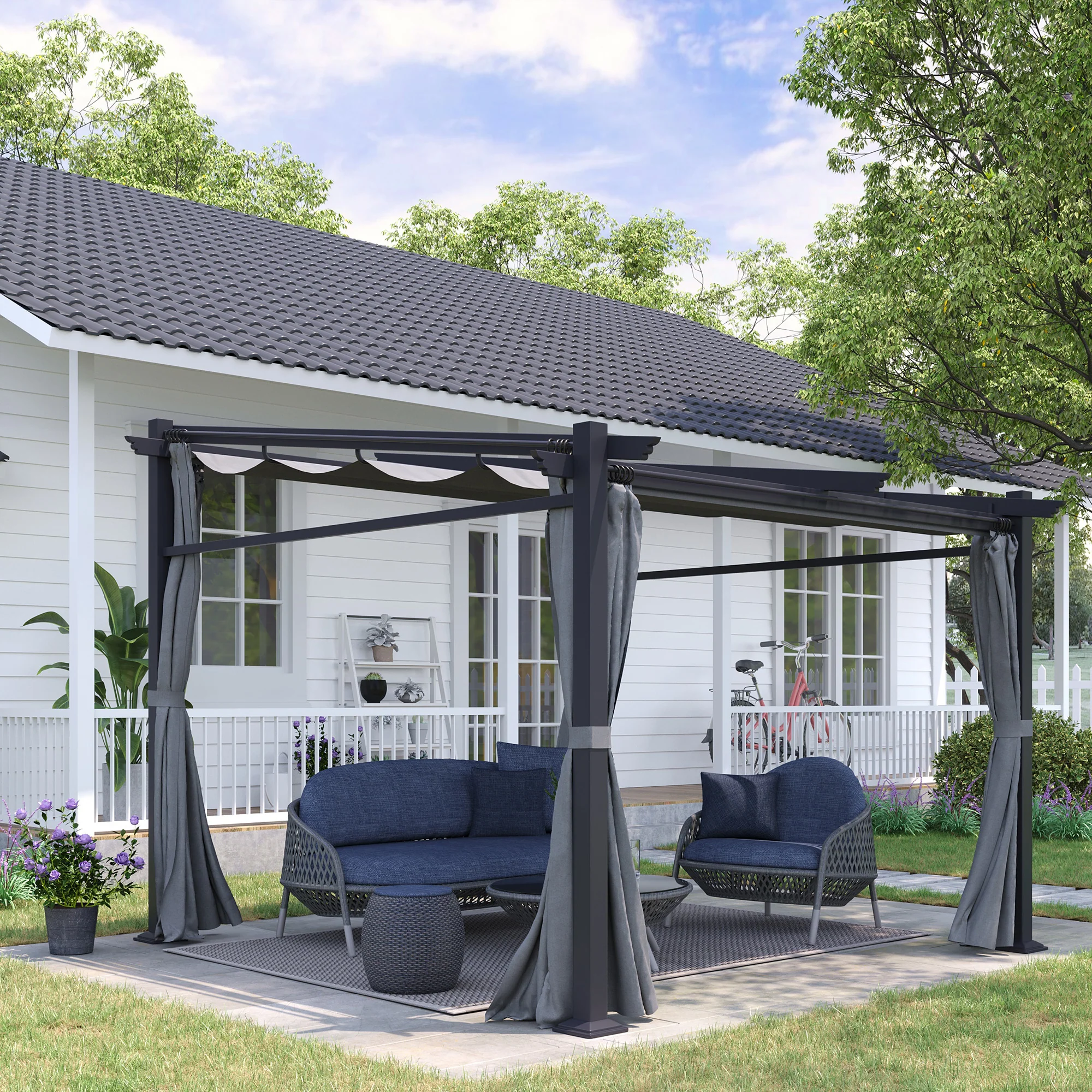 Outsunny Pergola mit ausziehbarem Dach Seilzugsystem