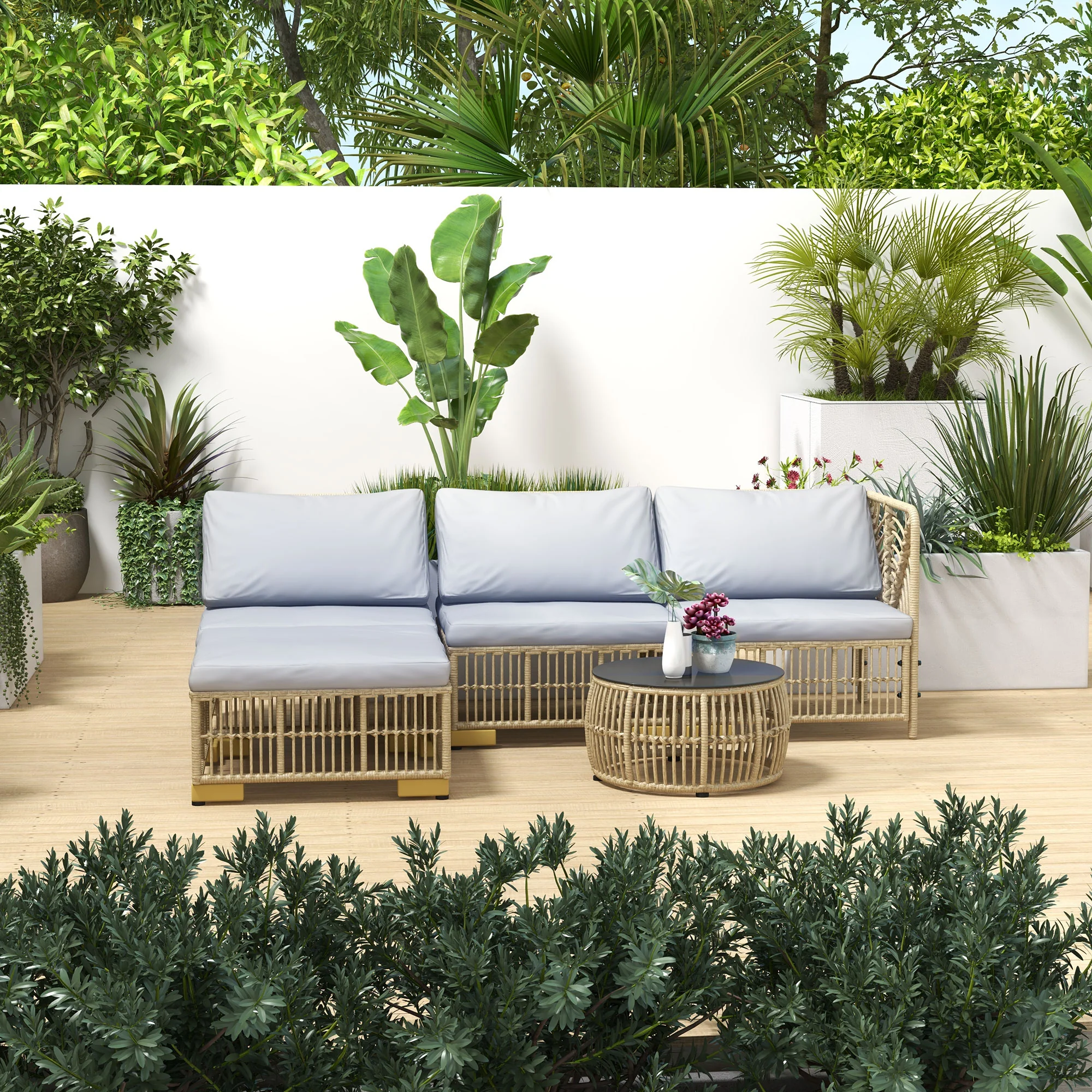 Outsunny Rattan Gartenmöbelset 5-tlg. mit Kissen Outdoor Ecksofa