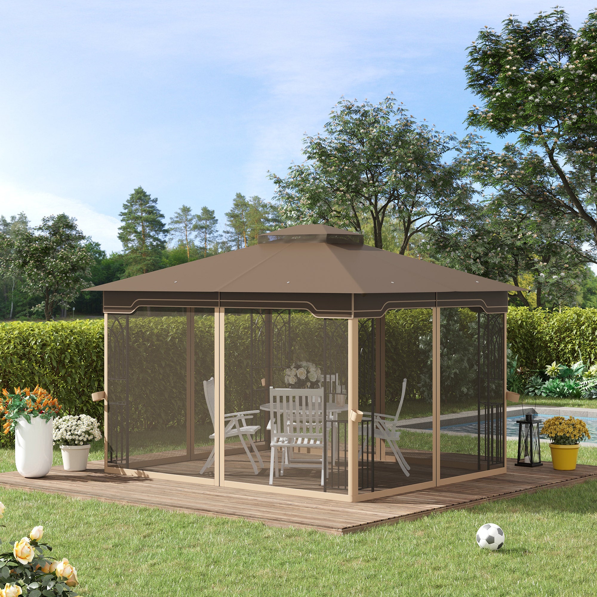 Outsunny Gartenpavillon 3,65 × 3 m mit Doppeldach & Moskitonetz – Braun/Beige