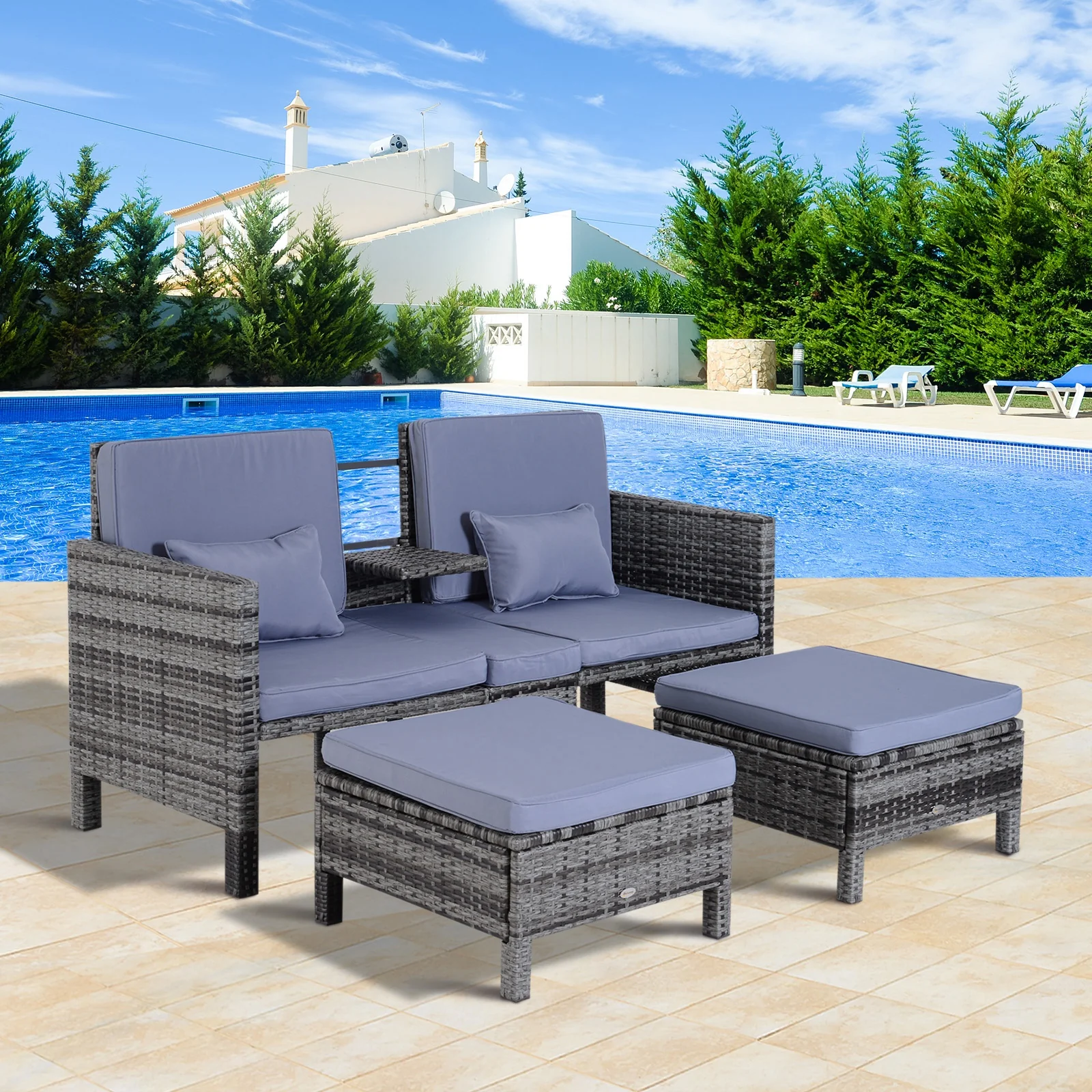 Outsunny Polyrattan Gartensofa Set 3-tlg 2-in-1 Rückenlehne Outdoor