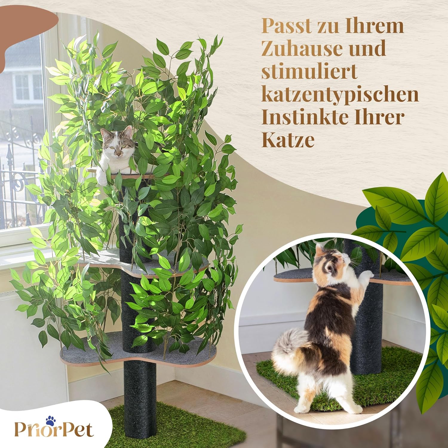 Kratzbaum Natur zum Klettern, Verstecken und Schlafen - groß mit austauschbaren Blättern - mehrstufig, einfach zu montieren - haustiersichere Materialien, langlebige und Patentierter robuste Cat Tree