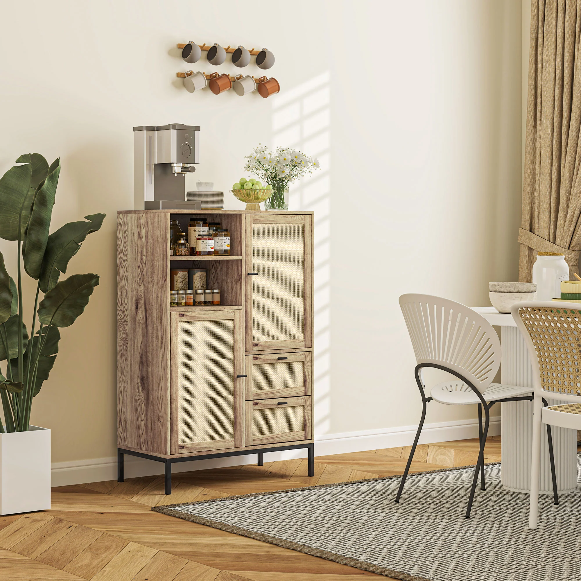 HOMCOM Kommode Sideboard Rattan-Paneele vielseitige Aufbewahrung