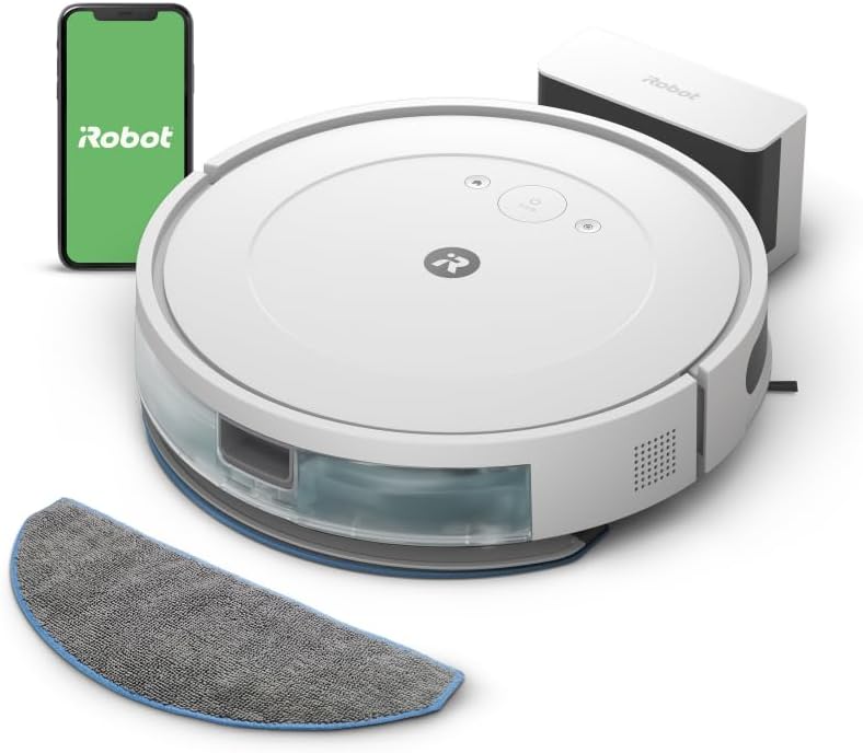iRobot Roomba Combo Essential Saug- und Wischroboter (Y0112), leistungsstarkes Saugen und Wischen, 4-Stufen-Reinigungssystem, 3 Saugstufen, Spot-Cleaning, steuerbar über App, Tasten oder Sprache, Wei