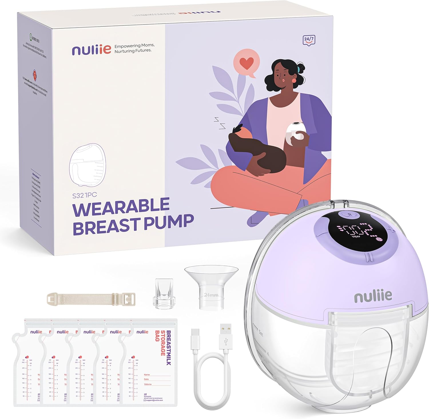 Nuliie Milchpumpe Elektrisch tragbare S32, Elektrische milchpumpe freihändig 4 Modi 9 Stufen mit 18/21/24 mm komfortabler Flansch, Privat, mit Ersatzzubehör im Lieferumfang (2Packs, Weiß)