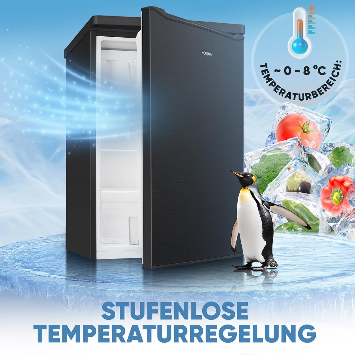 Bomann Kühlschrank mit Gefrierfach klein | Kühlschrank 2 Ablagen | leise | mit 4-Sterne Gefrierfach | Kühlschrank klein mit Obst- und Gemüsefach | Türanschlag wechselbar | KS 7251 schwarz