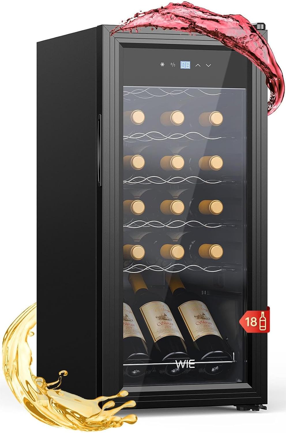 WIE Wine Fridge Compressor 53 Litres 18 Bottles Drinks Fridge Small Wine Cabinet Small Wine Fridge with Glass Door, Full Glass Design Door with LED Touch Panel, Anti-UV, Wine Fridge 5-18°C
