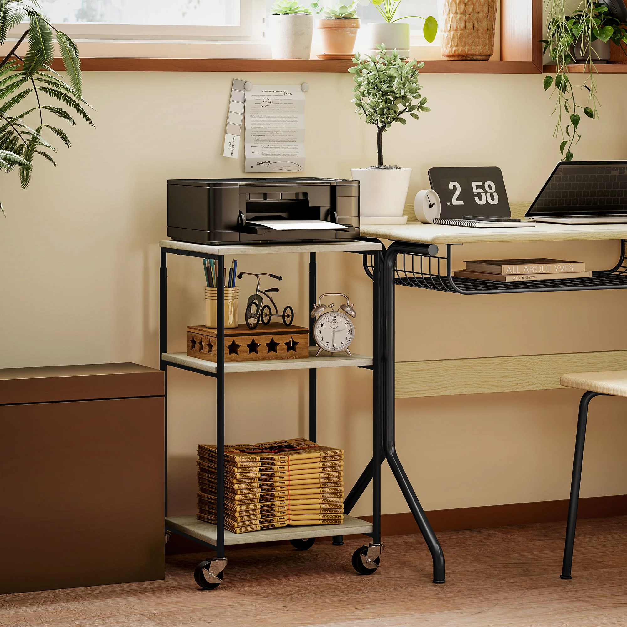 HOMCOM Druckertisch Druckerwagen 3 Ebenen höhenverstellbar mit Rollen