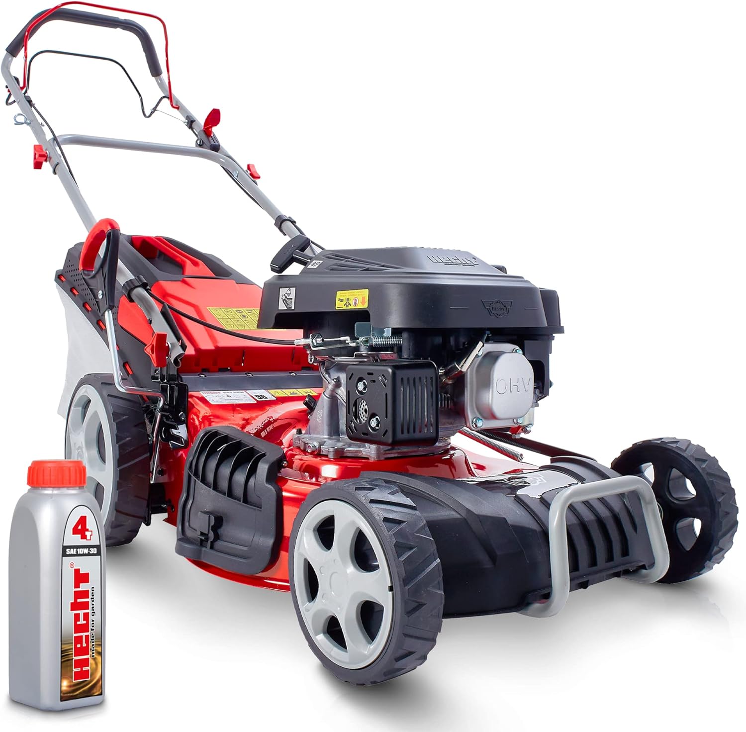 HECHT 5IN1 Rasenmäher Benzin – Bequemer Selbstantrieb - Für Flächen bis 1000 m² - Starker 4 Takt Motor mit 46 cm Schnittbreite – Radantrieb – Mulchfunktion – Seitenauswurf - Rasenmäher Benzin