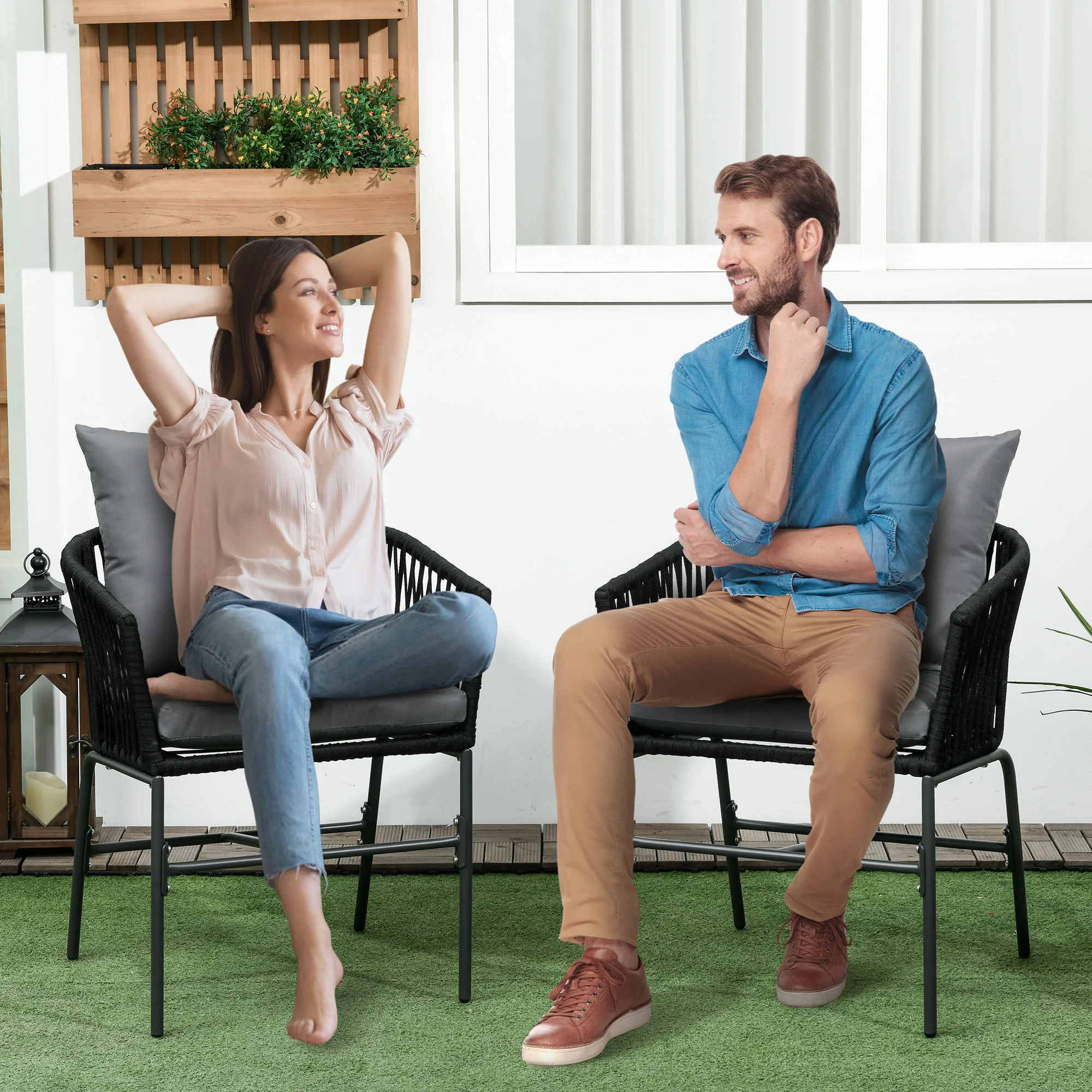 Outsunny Gartenstuhl 2er-Set mit Kissen Boho-Design Outdoor