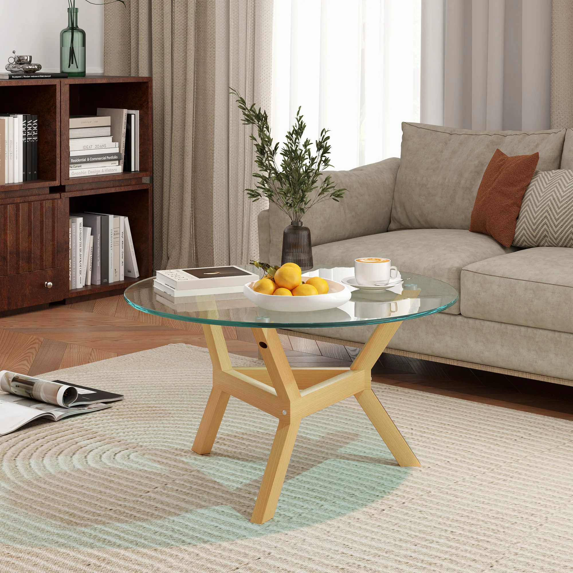 HOMCOM Couchtisch rund vielseitig einsetzbar gehärtetes Glas