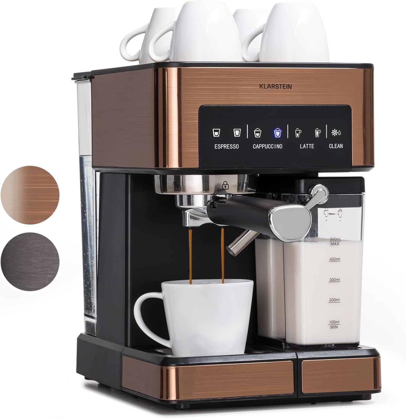 Klarstein Espresso Siebträgermaschine mit Milchaufschäumer, 1,8L Mini-Espressomaschine mit Siebträger, 20 Bar, Edelstahl, Klein, 0,5L Milchtank, 1350W Kaffeemaschine für Gemahlenen Kaffee