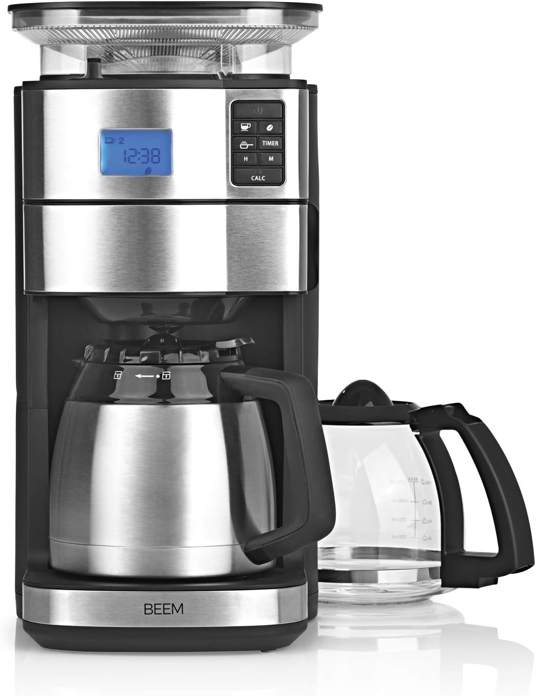 BEEM FRESH-AROMA-PERFECT II Filterkaffeemaschine mit Mahlwerk - Thermo | Edelstahl | Thermokanne | 24h-Timer | 1000 W | 180 g Bohnenbehälter