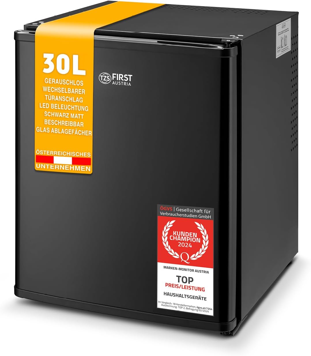 TZS First Austria lautloser Minikühlschrank | Getränkekühlschrank | Wechselbarer Türanschlag | LED-Beleuchtung | ohne Gefrierfach | 30L