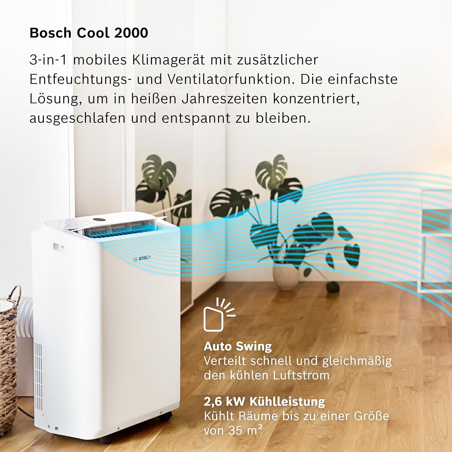 Bosch Cool 4000 Mobiles Klimagerät - 3-in-1: Klimagerät, Luftentfeuchter, Ventilator - 2,6 kW für Räume bis zu 35m² - Mit Auto-Modus, Silent-Modus & Sleep-Modus
