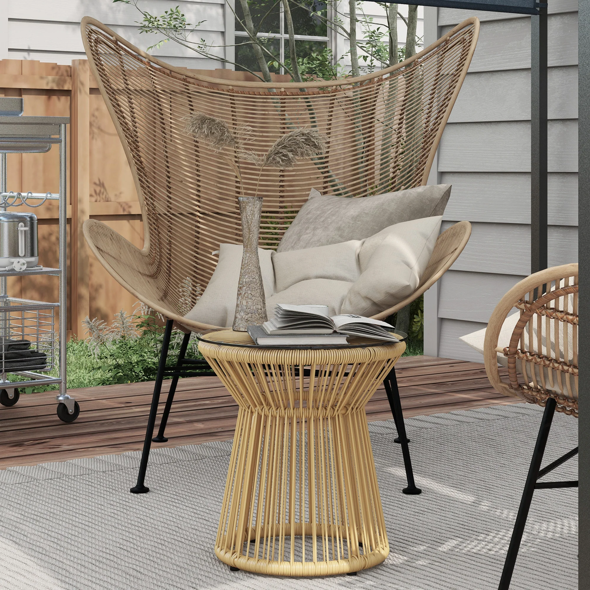 Outsunny Gartentisch Beistelltisch Boho-Stil Glastischplatte Rattan Beige