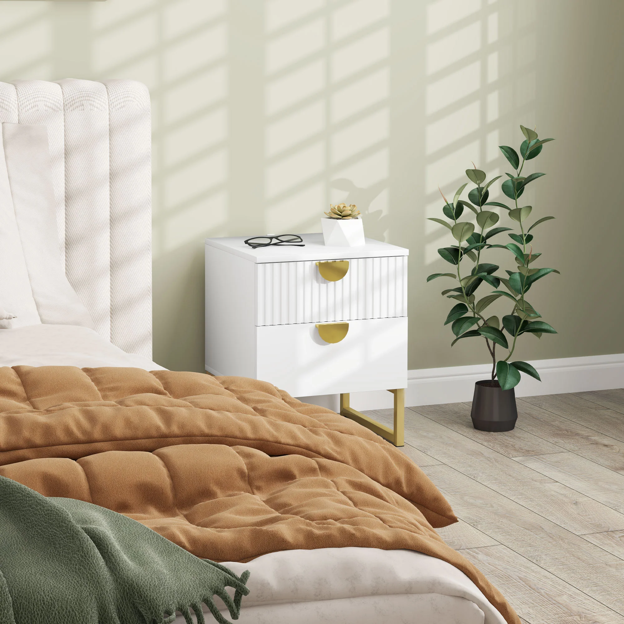 HOMCOM Nachttisch mit 2 Schubladen goldene Griffe Weiß