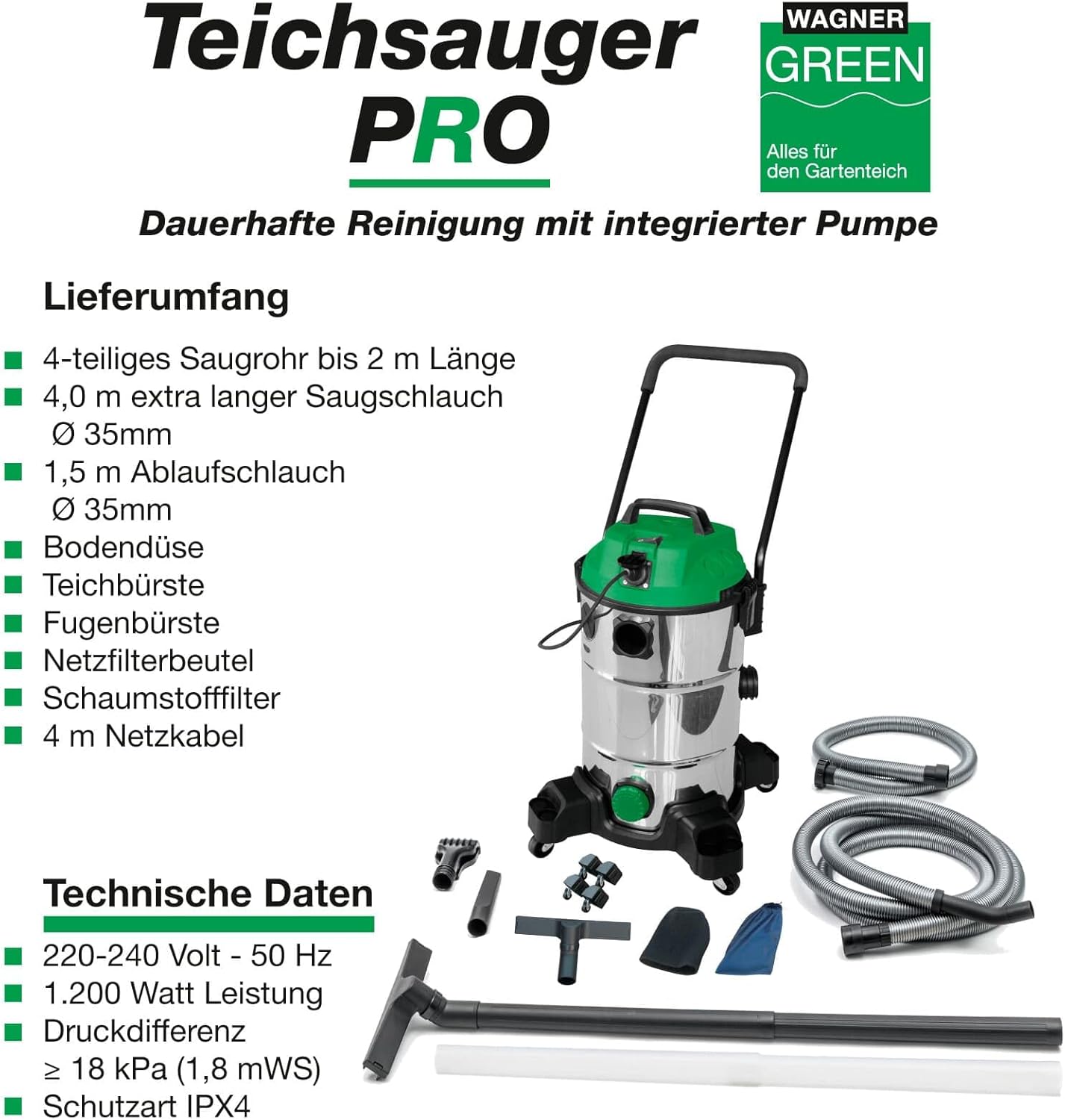 Wagner Green Teichsauger PRO VA | Non-Stop saugen | komplett Teichschlammsauger für die Reinigung für Gartenteich Schwimmteich Fischteich Pool und Haus