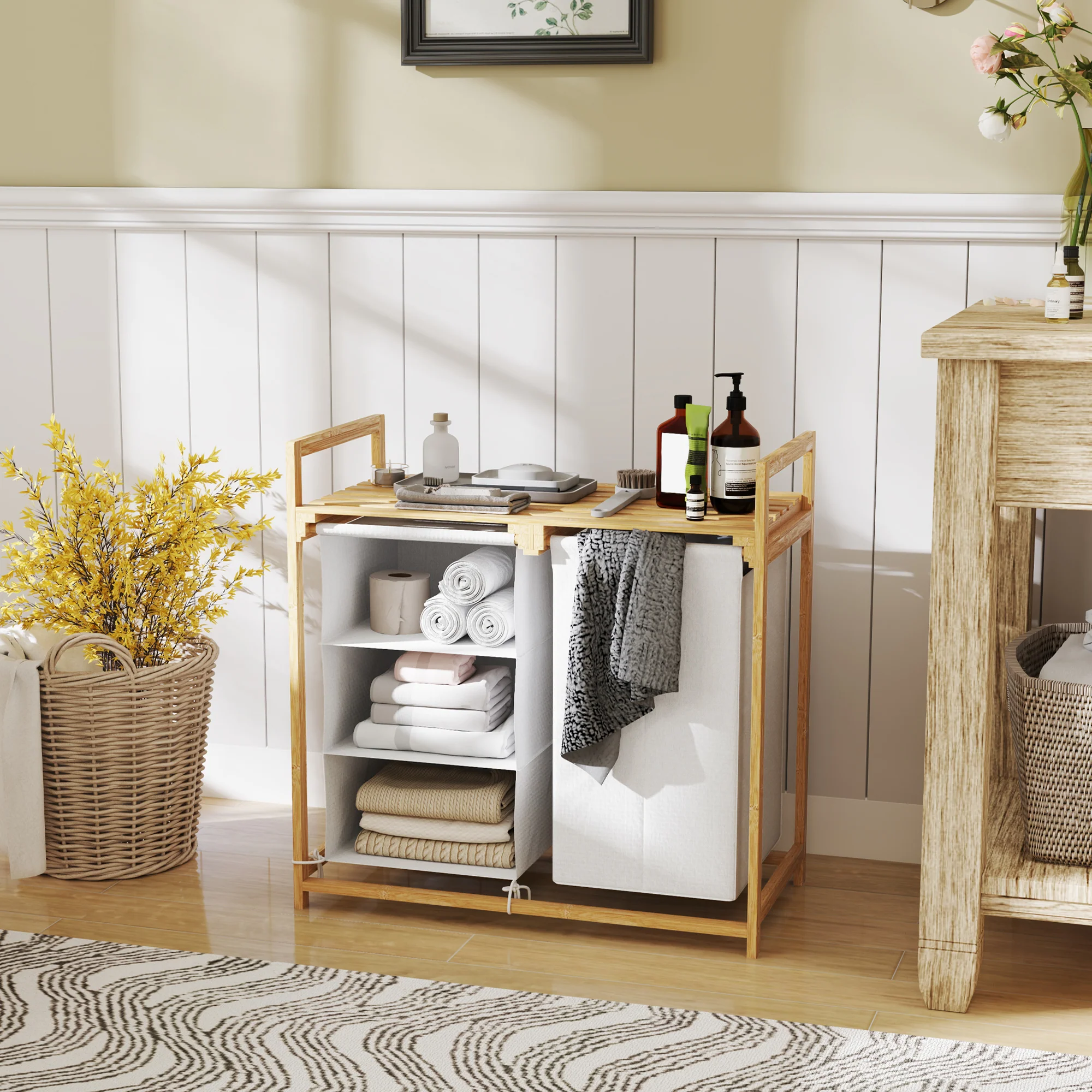 HOMCOM Wäschekorb mit Ablage 4 Fächer geruchsfreies Design Bambus Weiß