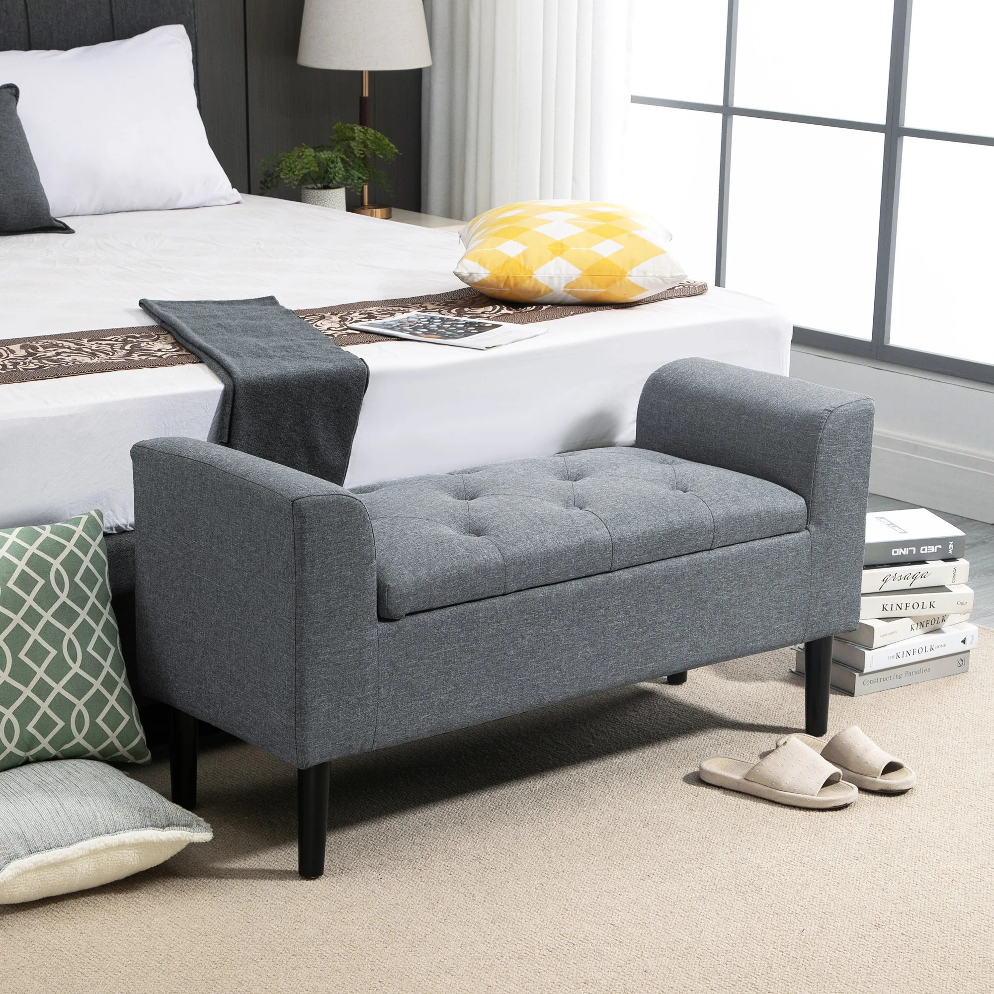 HOMCOM Polsterbank mit Stauraum Vintage-Design Leinenoptik Hellgrau