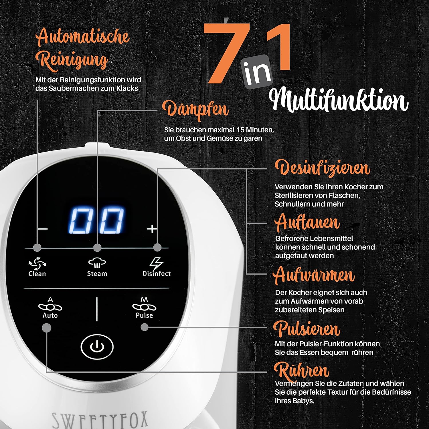 Sweety Fox - Multifunktions Babynahrungszubereiter 7-in-1 - Dampfgarer, Mixer, Pulse, Automatische Reinigungsfunktion, Sterilisiert, Glschenwrmer, Auftaufunktion