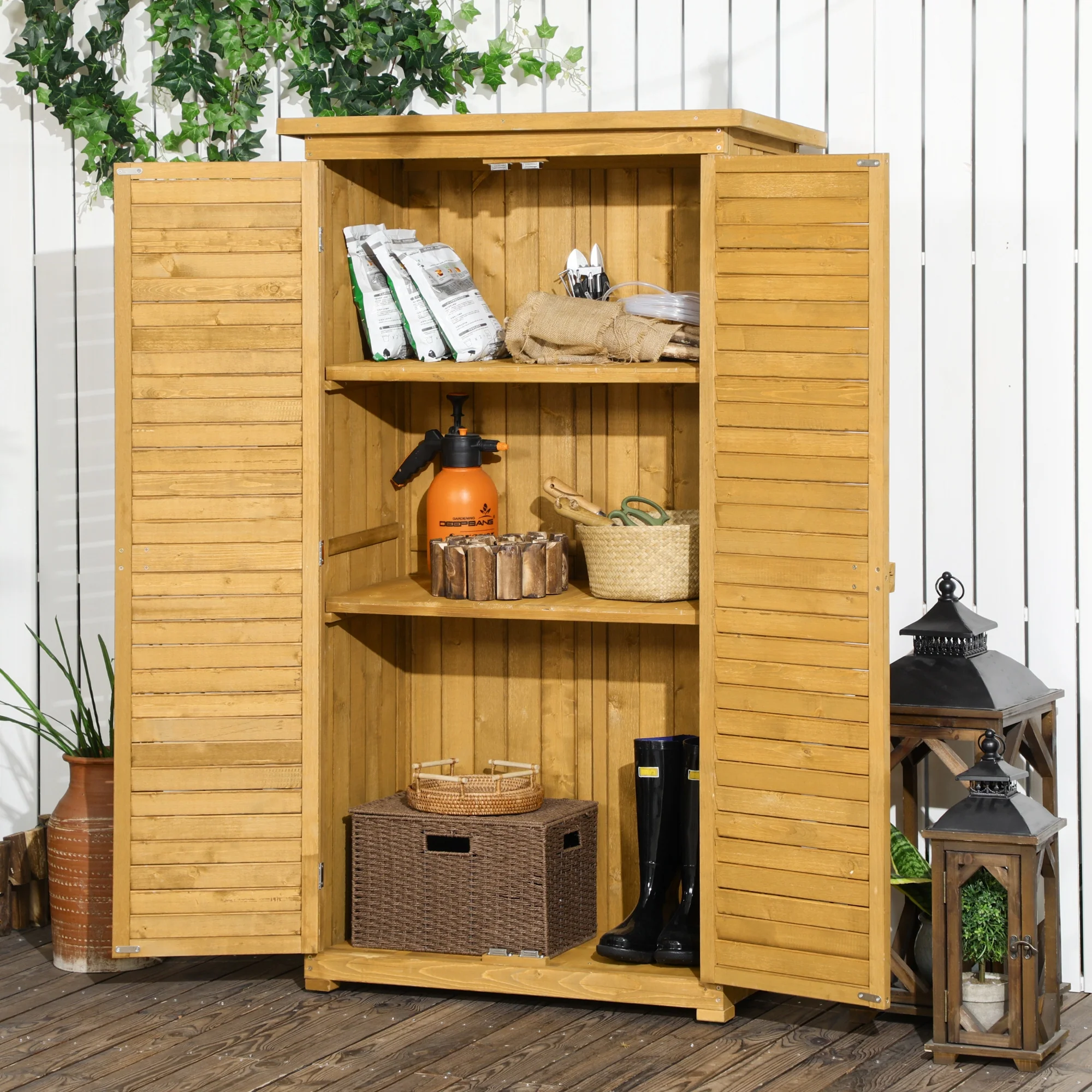 Outsunny Gartenschrank 3 Regale Lamellentüren Tannenholz