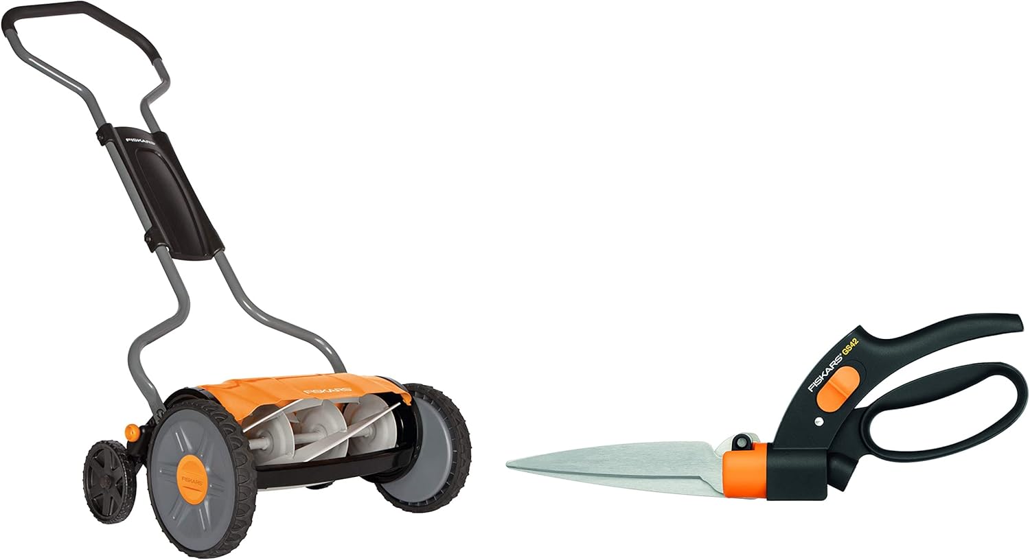 Fiskars Spindelmher, Rasenmher mit berührungslosem Schneidesystem, Schnittbreite: 43 cm, StaySharp Plus, Schwarz/Orange/Silber, 1015649