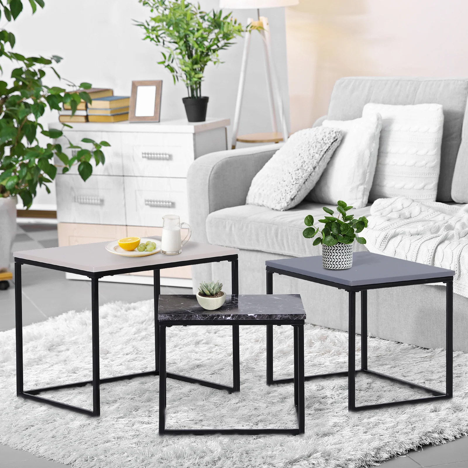 HOMCOM Couchtisch 3er-Set stapelbar vielseitig Weiß Grau Marmoroptik