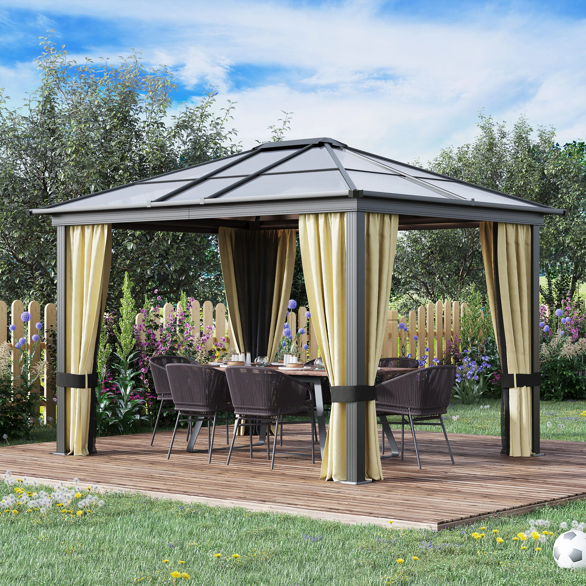 Outsunny Hardtop Pavillon Polycarbonat-Dach Fliegennetz Aluminium