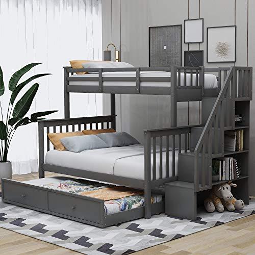 Bunk Beds Twin Over Full Size, Solid Wood Bunk Bed with Trundle for Kids