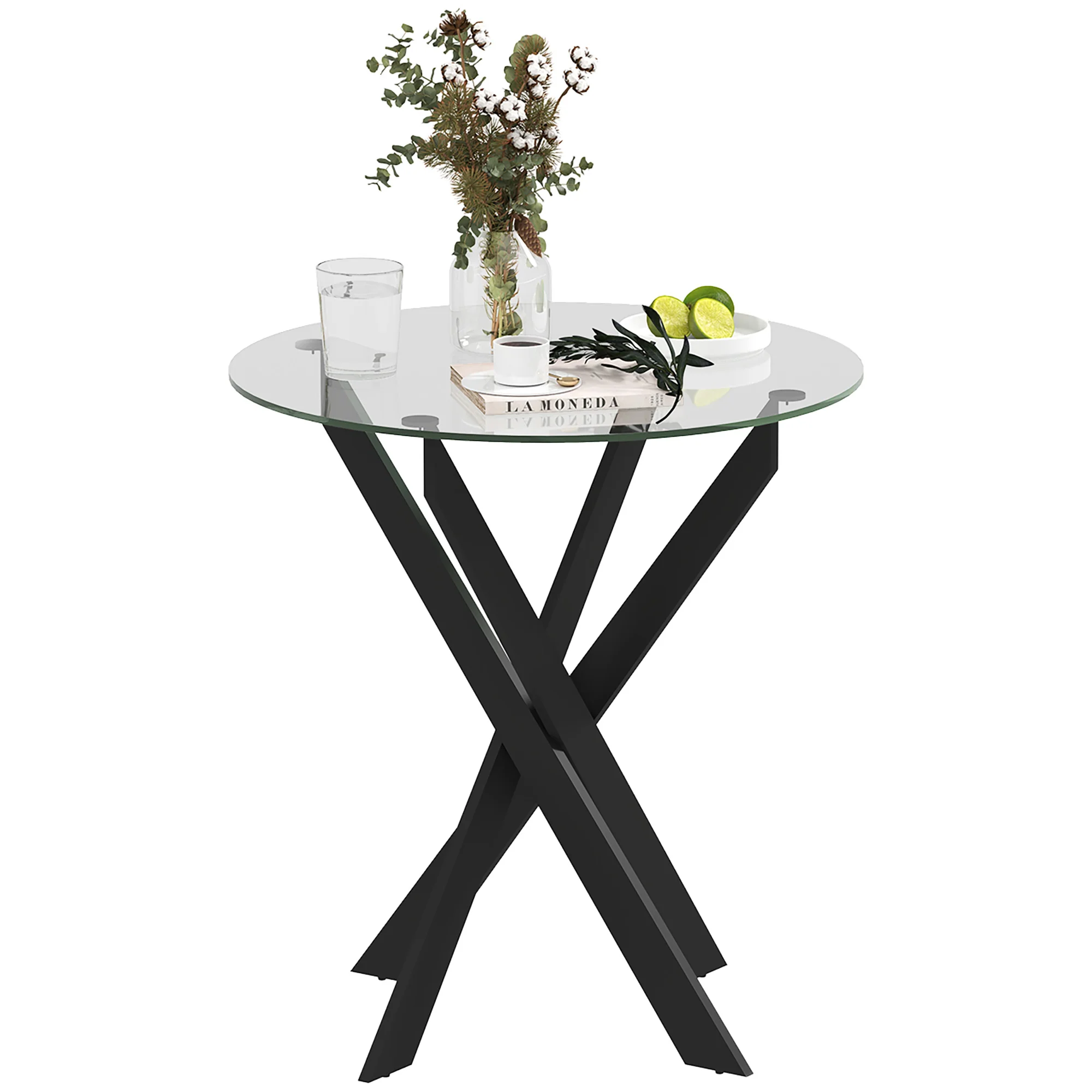 HOMCOM Esstisch rund Ø70 × 75 cm Stahl/Glas Schwarz