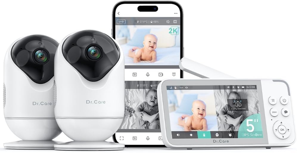Dr.Care VistaView Smart WLAN Babyphone mit 2 Kameras, 5” 1080P HD, 2K Kamera, App-Steuerung, Bewegungs- & Weinen-Alarm, Nachtsicht, 5000mAh, Zwei-Wege-Audio, 390m Reichweite