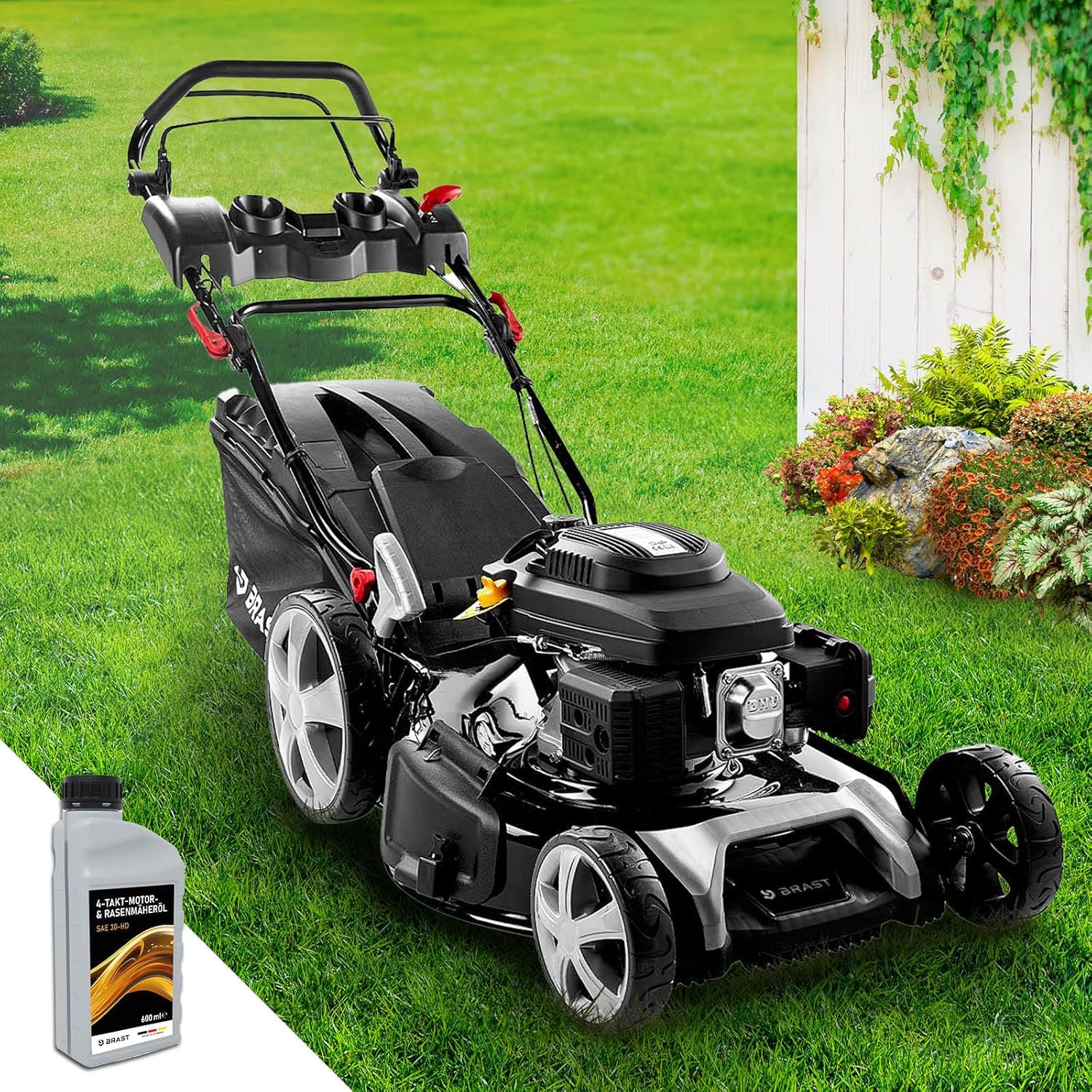 BRAST Benzin Rasenmäher mit Antrieb | 5,2kW (7PS) | 55cm Schnittbreite | viele Modelle | TÜV | 30-80mm Schnitthöhe | 60L Fangkorb | 4 Takt OHV Motor | Stahlgehäuse | Power