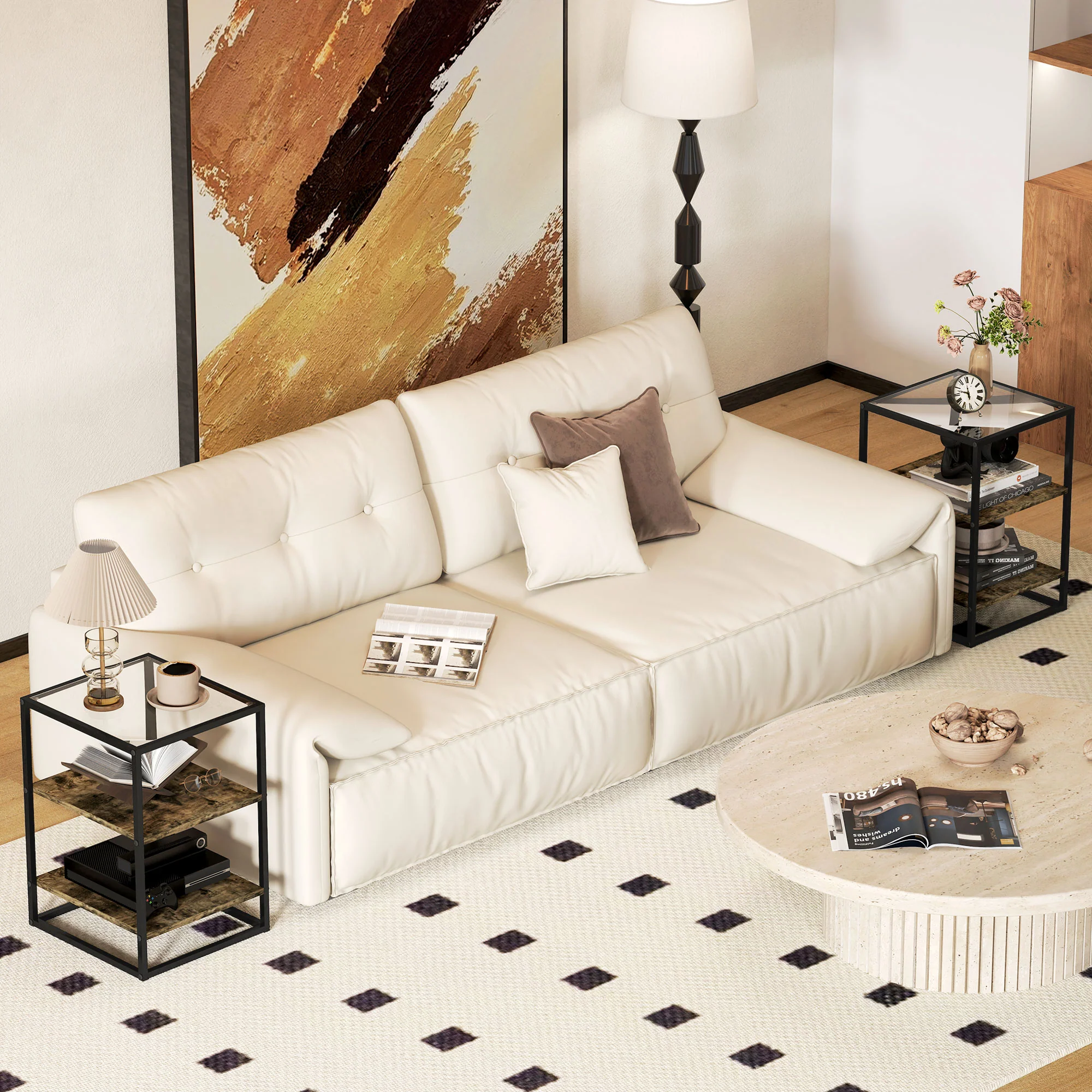 HOMCOM Beistelltisch 2er-Set dreistufig mit Glasplatte Rustikal-Braun