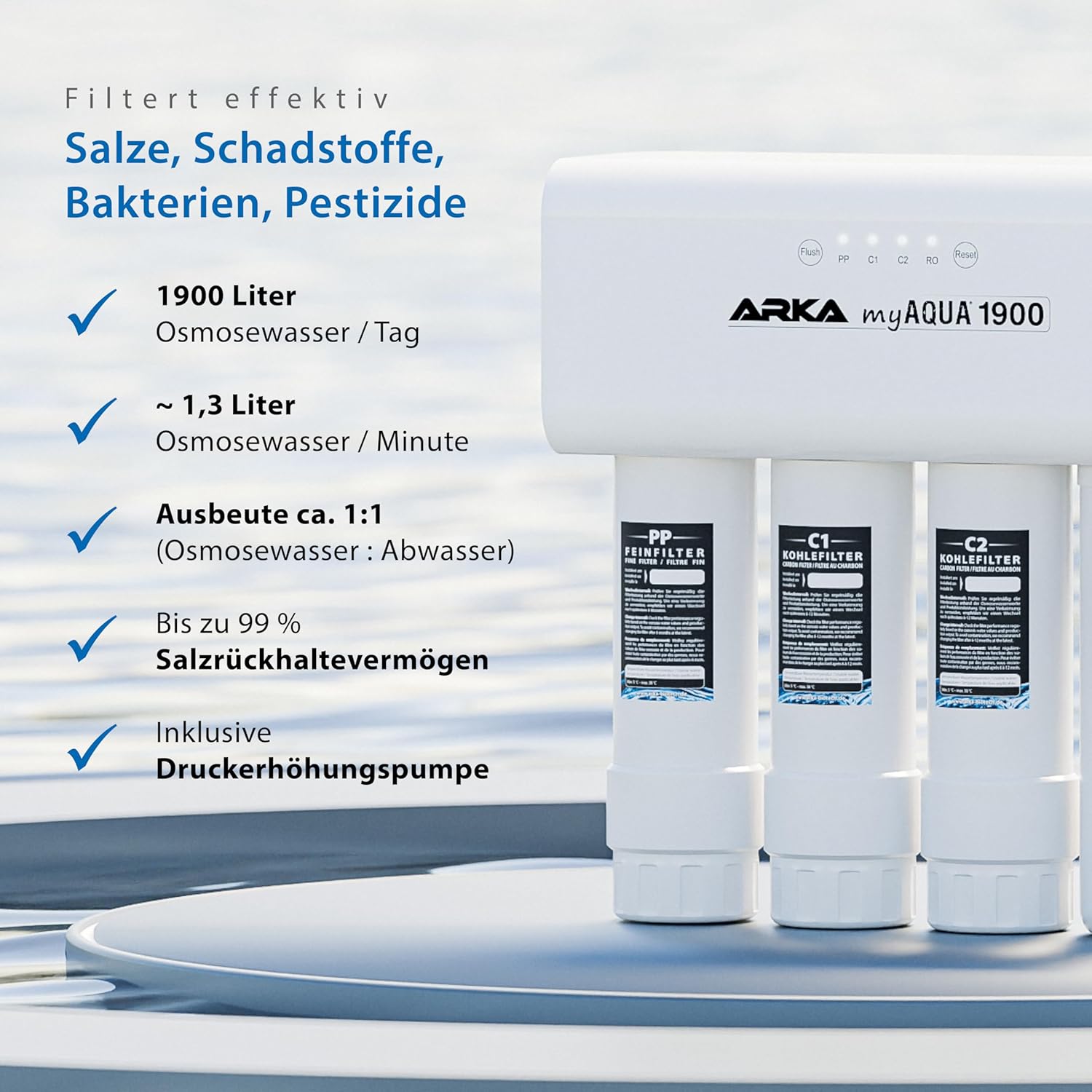 ARKA myAQUA 1900 Umkehrosmoseanlage 1900 L/Tag - Wasserfilter & Enthärtungsanlage, entfernt bis zu 99% Salze, Schadstoffe & Bakterien - Für Aquarien & Haushalt