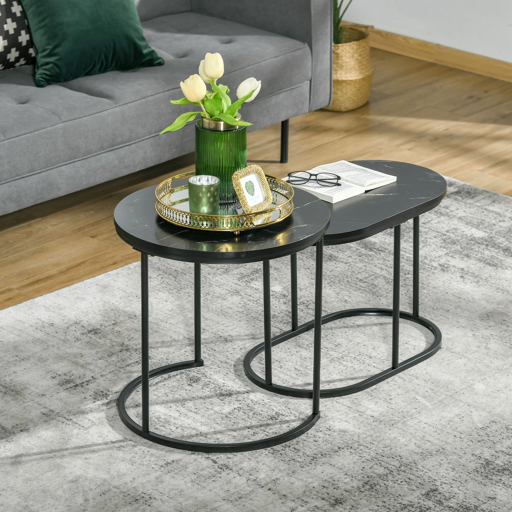 HOMCOM Couchtisch 2er-Set stapelbar Marmoroptik Wohnzimmer
