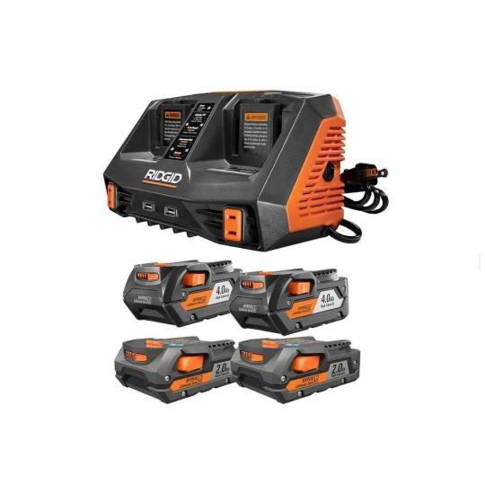 Ridgid 18-Volt Lithium-Ion Dual Port Sequential Charger Kit with (2) 4.0 Ah Batteries and (2) 2.0 Ah Batteries AC840094SB2