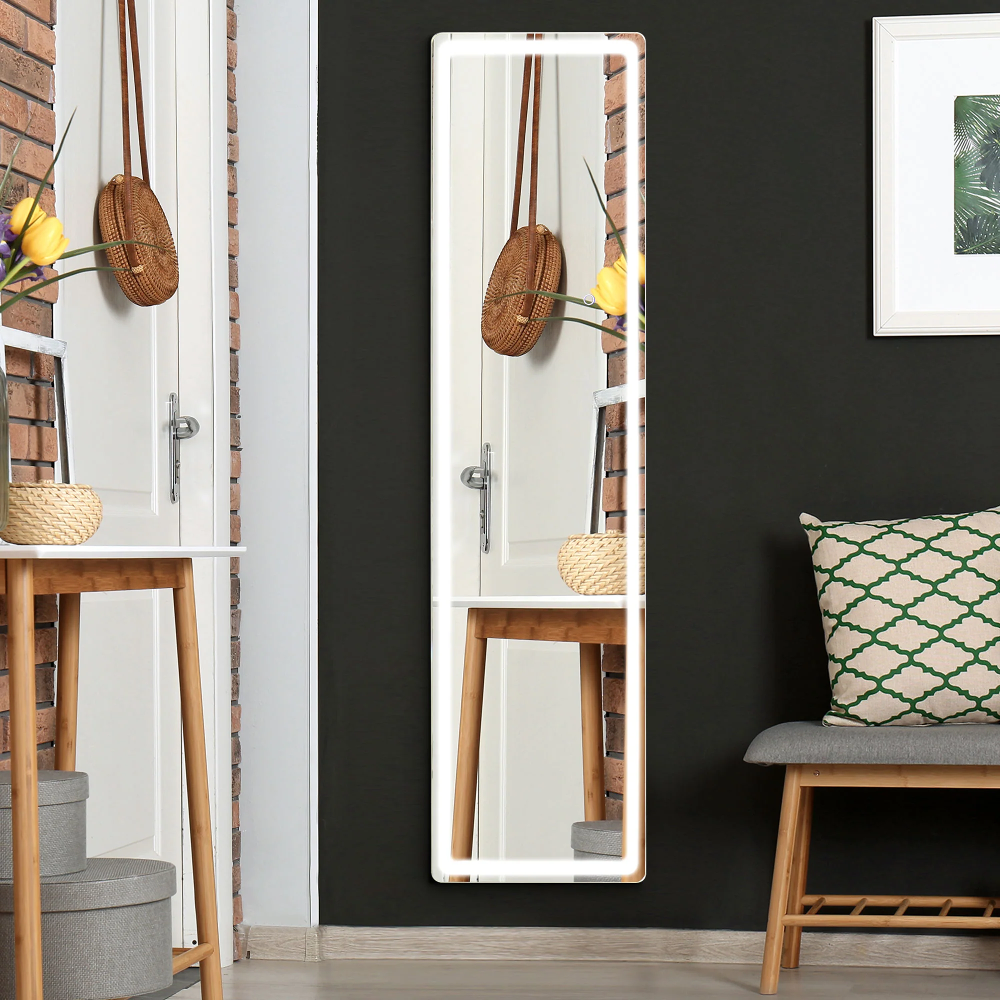 HOMCOM Standspiegel LED dimmbar 3 Lichtfarben freistehend/Wandmontage