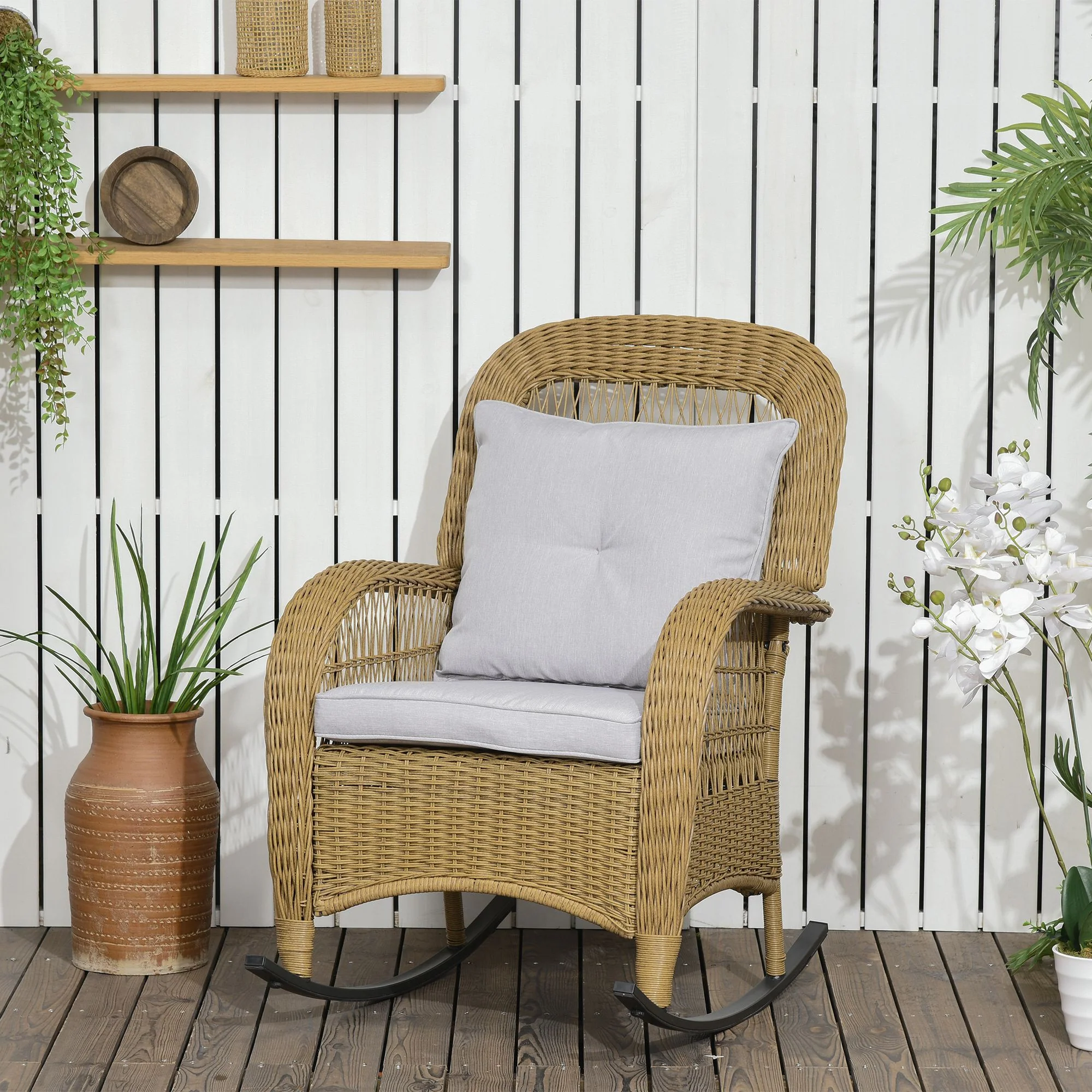 Outsunny Rattan Schaukelstuhl Boho-Stil Outdoor gemütliche Polster