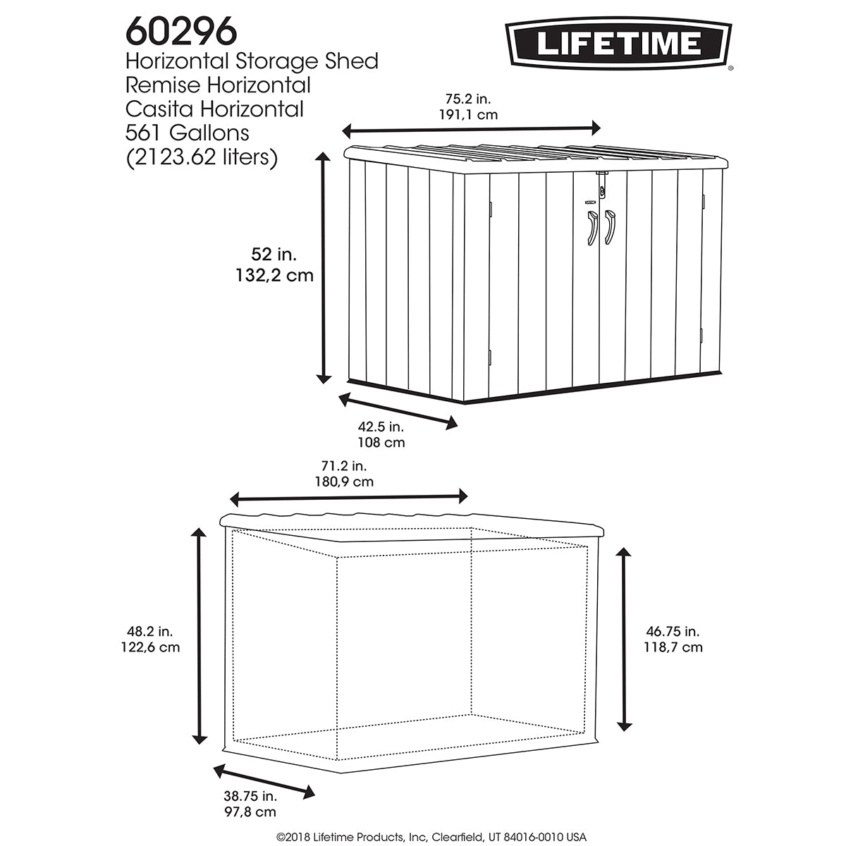 Lifetime 6ft 3′′ x 3ft 6′′ (1.9 x 1.1m) Horizontal 2,407 Litre Storage Shed