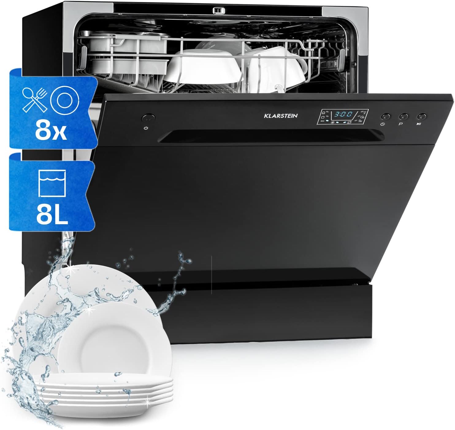 Klarstein ia 8 - Spülmaschine, Geschirrspüler, Freistehend, Teilintegriert, F, 55 cm breit, 8 Maßgedecke, 6 Programme, Aquastop, silber