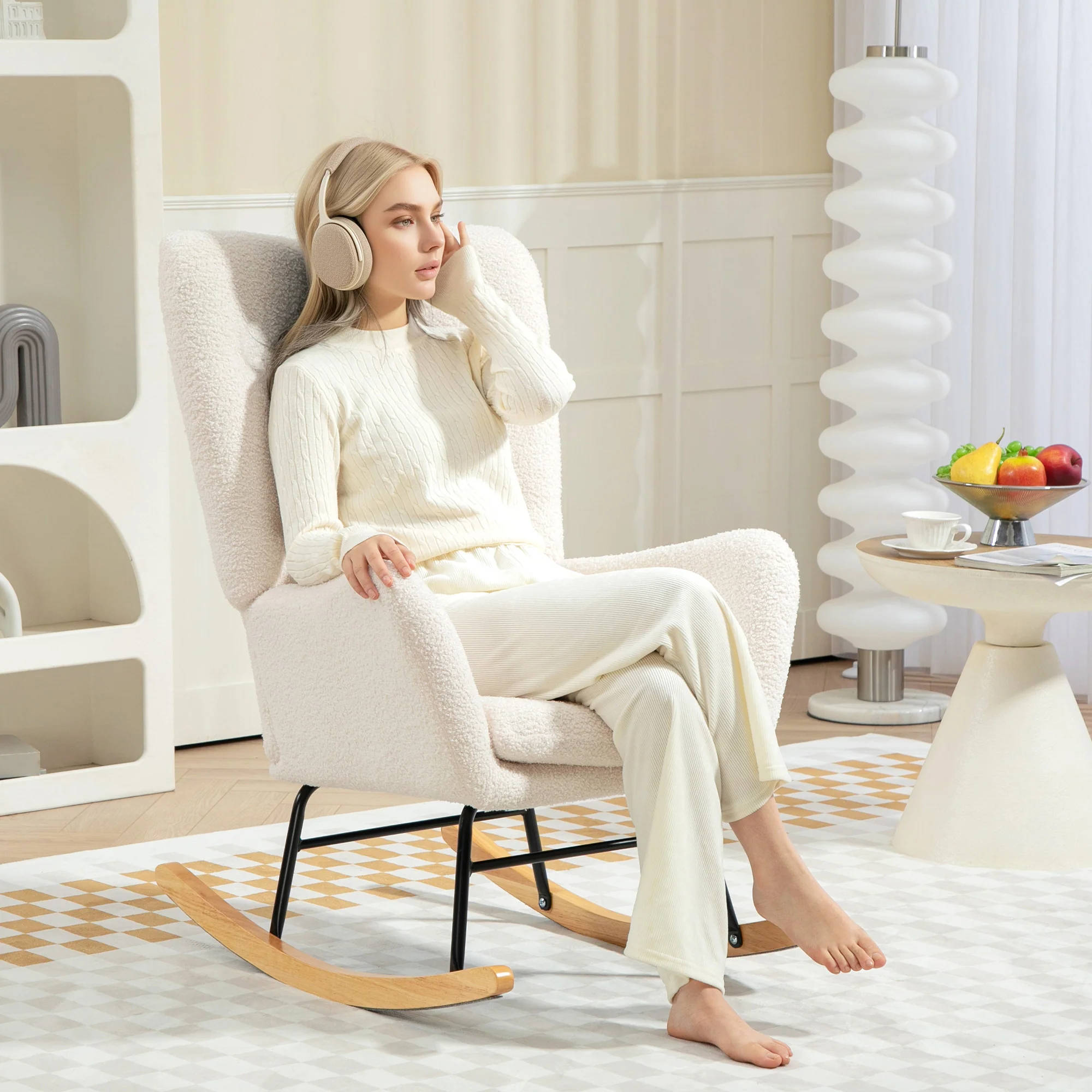 HOMCOM Schaukelstuhl Wohnzimmer sanft schaukelnd Teddystoff cremeweiß
