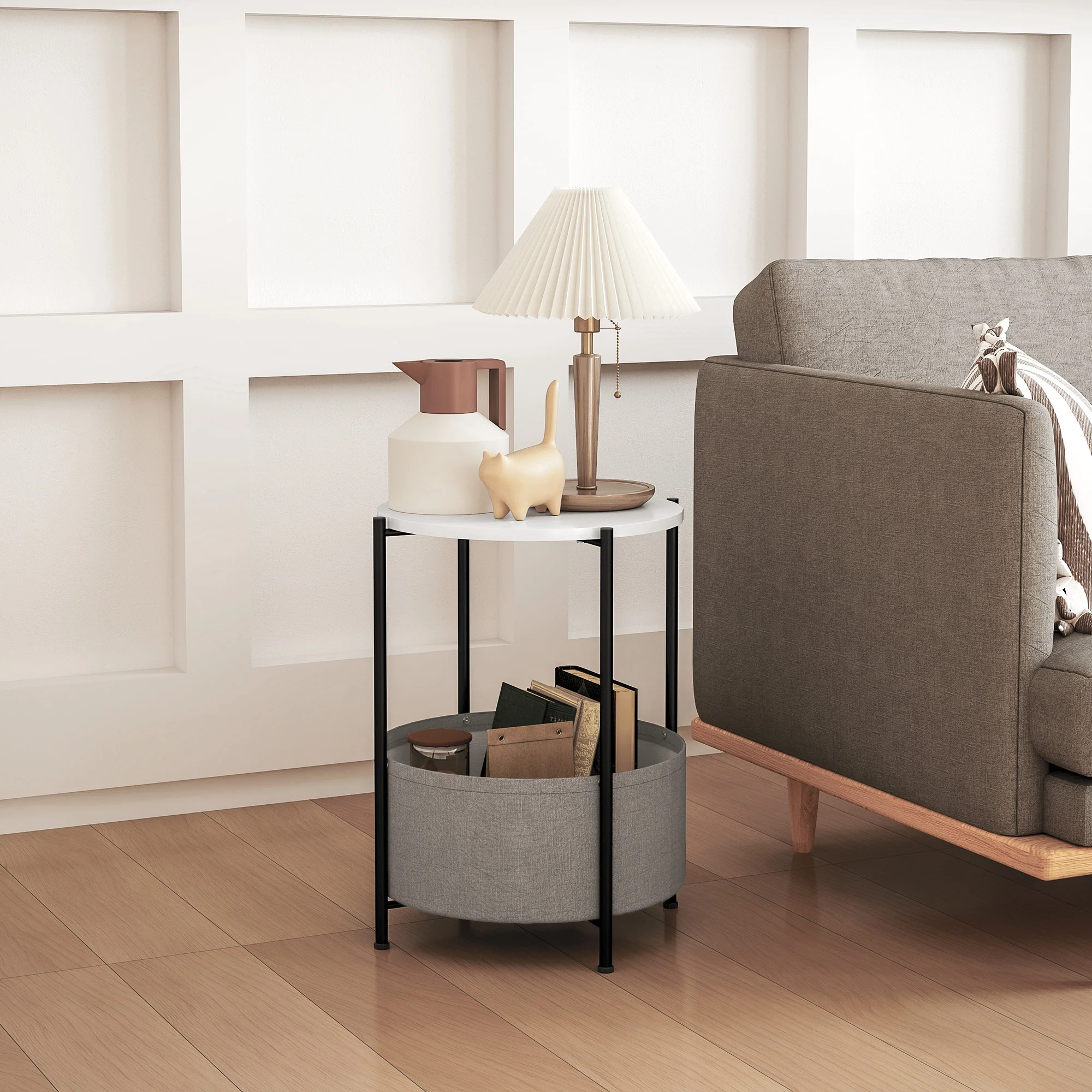 HOMCOM Beistelltisch mit Regal und Stoffkorb vielseitig weiß grau